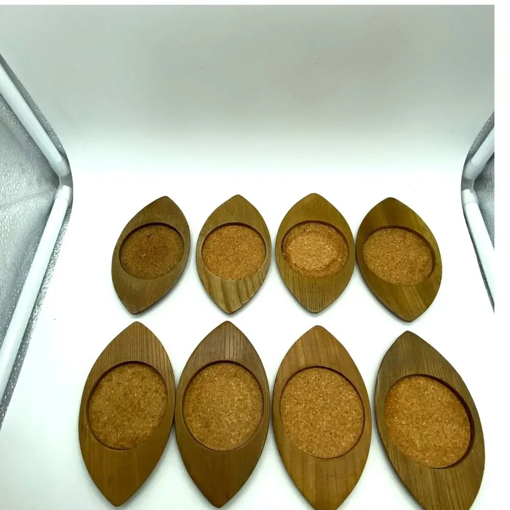 Sixties Hand carved Japan Hardwood & Cork Eye Coasters 8 Mid-Century Mod Sere‎